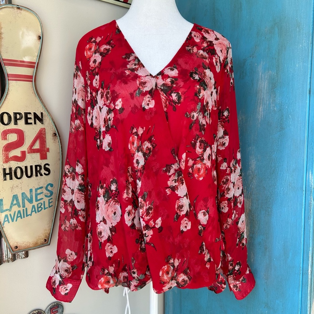 Kut from the Kloth Red Floral Lightweight Semi Sheer Draped Long Sleeve Blouse